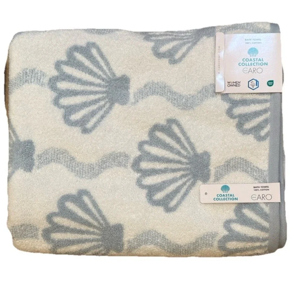 6pc CARO Home Plush Bath Hand Tip Towel Set Blue & White Nautical Coastal Shells